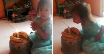 Menina de 3 anos comemorou feliz com seu ‘bolo’ de aniversário feito de bananas, não havia dinheiro suficiente