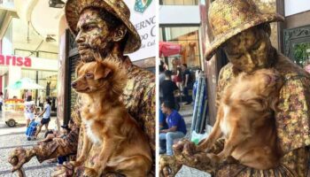 Cachorrinha ajuda seu pai humano, um artista de rua em sua rotina de estátua humana
