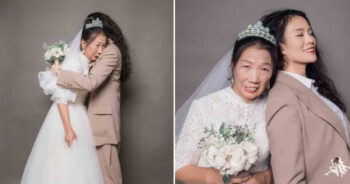 Filha posa com a mãe viúva para lhe dar as fotos do casamento que ela sempre sonhou. Ela se vestiu de marido