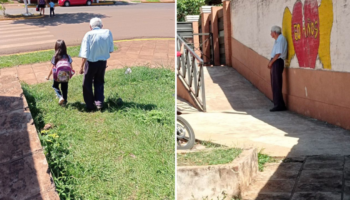 Avô de 88 anos acompanha a bisneta às aulas todos os dias e a espera até ela sair