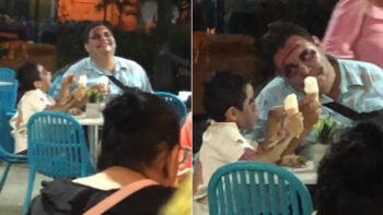 Pai e filho fantasiados emocionam pela cumplicidade ao serem visto juntos tomando sorvete
