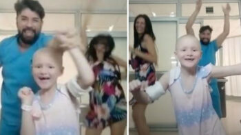Menina com câncer comemora sua última quimio dançando com enfermeiro que a cuidou