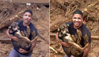 Jovem tem casa arrastada pela lama, mas encontrar seu cachorro vivo restaurou sua felicidade