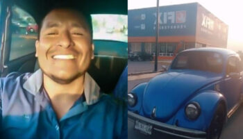 Homem compra seu primeiro carro, um fusca azul, e o exibe com muito orgulho