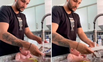 Pai dá banho em bebê com a mesma água que usou para lavar a louça e divide opiniões