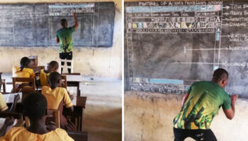 Sem computador, este professor de Gana ensinou Microsoft Word para seus alunos em um quadro