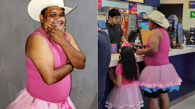 Pai cumpre promessa e se veste de rosa para acompanhar a filha para ver Barbie no cinema
