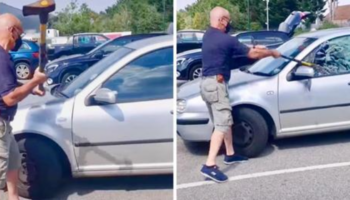 Homem usa um machado para quebrar a janela de um carro e salvar um cachorro no calor sufocante