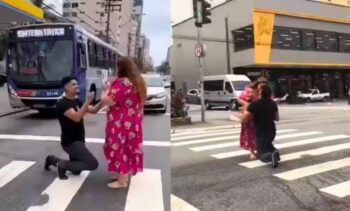 Vendedor descobre que vai ser pai, se ajoelha e pede mulher em casamento em plena rua